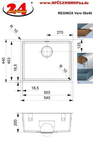 REGINOX K�chensp�le/Edelstahlsp�le Vero 50x40 (L) OKG Einbausp�le Edelstahl 3 in 1 (Einbau, Unterbau, Fl�chenb�ndig) Siebkorb als Stopfenventil