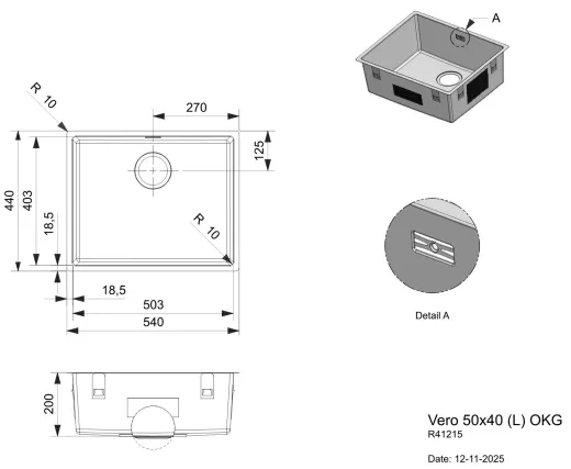 REGINOX K�chensp�le/Edelstahlsp�le Vero 50x40 (L) OKG Einbausp�le Edelstahl 3 in 1 (Einbau, Unterbau, Fl�chenb�ndig) Siebkorb als Stopfenventil