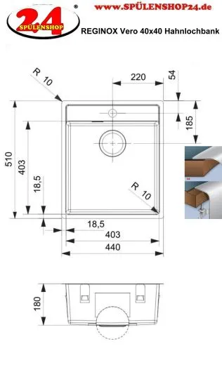 REGINOX K�chensp�le/Edelstahlsp�le Vero 40x40 (L) OKG Hahnlochbank Einbausp�le Edelstahl Siebkorb als Stopfenventil