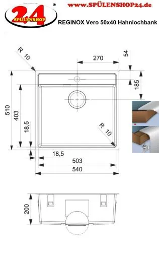REGINOX K�chensp�le/Edelstahlsp�le Vero 50x40 (L) OKG Hahnlochbank Einbausp�le Edelstahl Siebkorb als Stopfenventil