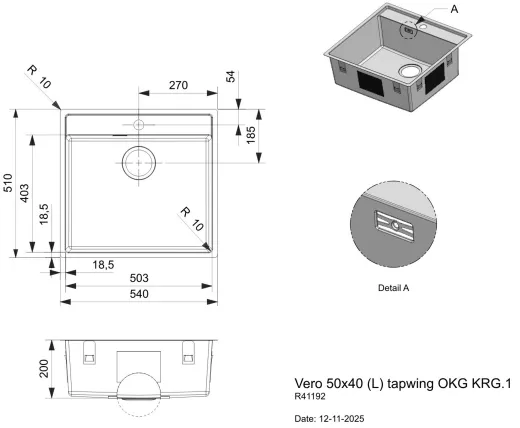 REGINOX K�chensp�le/Edelstahlsp�le Vero 50x40 (L) OKG Hahnlochbank Einbausp�le Edelstahl Siebkorb als Stopfenventil