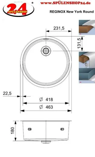 REGINOX K�chensp�le New York Round (L) OKG Einbausp�le Edelstahl Rundbecken 3 in 1 mit Flachrand Siebkorb als Stopfenventil