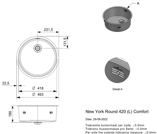 REGINOX K�chensp�le New York Round (L) OKG Einbausp�le Edelstahl Rundbecken 3 in 1 mit Flachrand Siebkorb als Stopfenventil