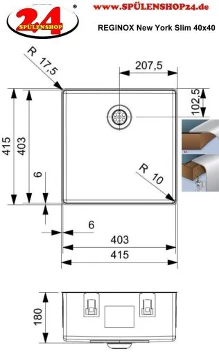 REGINOX K�chensp�le New York SLIM 40x40 (L) OKG Comfort Einbausp�le Edelstahl mit Flachrand Siebkorb als Stopfen- oder Druckknopfventil