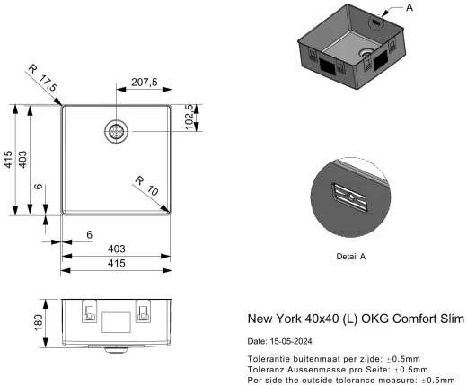 REGINOX K�chensp�le New York SLIM 40x40 (L) OKG Comfort Einbausp�le Edelstahl mit Flachrand Siebkorb als Stopfen- oder Druckknopfventil