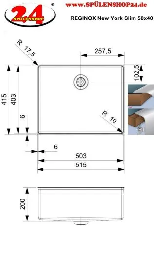 REGINOX K�chensp�le New York SLIM 50x40 (L) OKG Comfort Einbausp�le Edelstahl mit Flachrand Siebkorb als Stopfen- oder Druckknopfventil