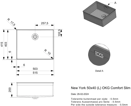 REGINOX K�chensp�le New York SLIM 50x40 (L) OKG Comfort Einbausp�le Edelstahl mit Flachrand Siebkorb als Stopfen- oder Druckknopfventil