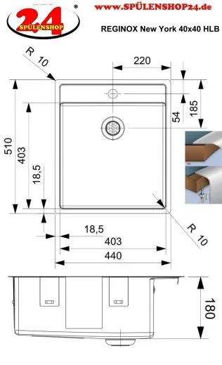 REGINOX K�chensp�le New York 40x40 (L) Comfort Hahnlochbank Einbausp�le Edelstahl Flachrand fl�chenb�ndig Siebkorb als Stopfenventil