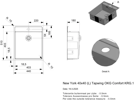 REGINOX K�chensp�le New York 40x40 (L) Comfort Hahnlochbank Einbausp�le Edelstahl Flachrand fl�chenb�ndig Siebkorb als Stopfenventil