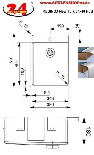 REGINOX K�chensp�le New York 34x40 (L) Comfort Hahnlochbank Einbausp�le Edelstahl Flachrand fl�chenb�ndig Siebkorb als Stopfenventil