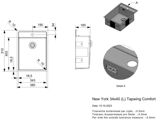 REGINOX K�chensp�le New York 34x40 (L) Comfort Hahnlochbank Einbausp�le Edelstahl Flachrand fl�chenb�ndig Siebkorb als Stopfenventil