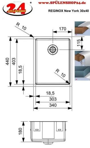 REGINOX K�chensp�le New York 30x40 (L) Comfort Einbausp�le Edelstahl 3 in 1 mit Flachrand Siebkorb als Stopfenventil