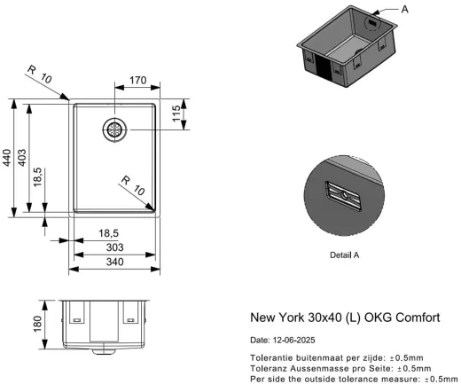 REGINOX K�chensp�le New York 30x40 (L) Comfort Einbausp�le Edelstahl 3 in 1 mit Flachrand Siebkorb als Stopfenventil