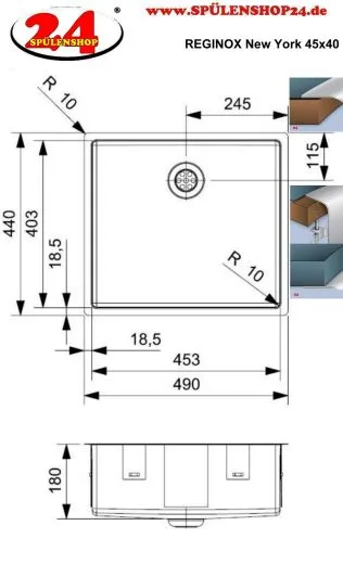 REGINOX K�chensp�le New York 45x40 (L) Comfort Einbausp�le Edelstahl 3 in 1 mit Flachrand Siebkorb als Stopfenventil