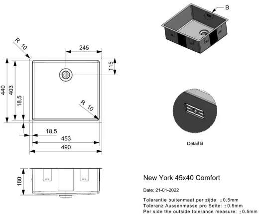 REGINOX K�chensp�le New York 45x40 (L) Comfort Einbausp�le Edelstahl 3 in 1 mit Flachrand Siebkorb als Stopfenventil