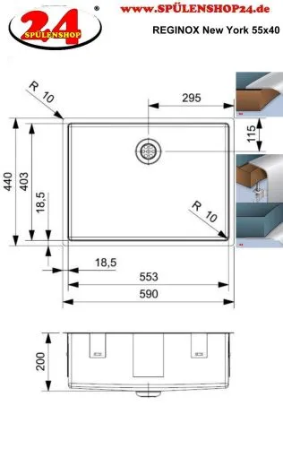REGINOX K�chensp�le New York 55x40 (L) Comfort Einbausp�le Edelstahl 3 in 1 mit Flachrand Siebkorb als Stopfenventil