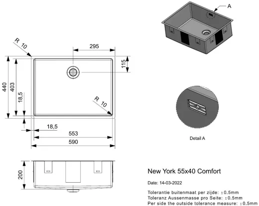 REGINOX K�chensp�le New York 55x40 (L) Comfort Einbausp�le Edelstahl 3 in 1 mit Flachrand Siebkorb als Stopfenventil