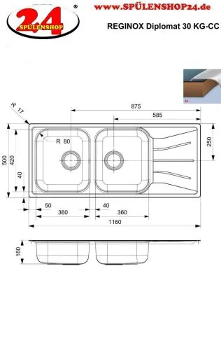 REGINOX Clean & Care Diplomat 30 (R) KG-CC Einbausp�le Edelstahl Doppelsp�le mit Einbaurand ohne �berlauf medizinischer Bereich
