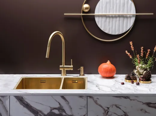 REGINOX K�chenarmatur Flint II Gold PVD (R38833) Einhebelmischer mit Zugauslauf als Schlauchbrause umstellbar 360� schwenkbar