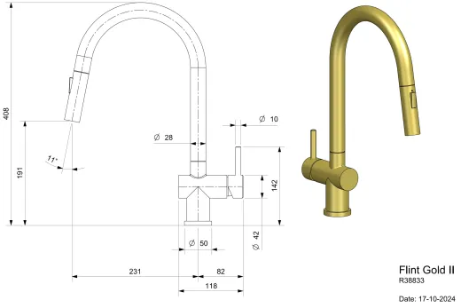 REGINOX K�chenarmatur Flint II Gold PVD (R38833) Einhebelmischer mit Zugauslauf als Schlauchbrause umstellbar 360� schwenkbar