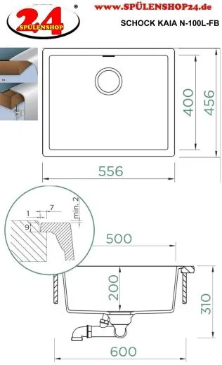 SCHOCK K�chensp�le Kaia N-100L-FB Cristadur� Nano-Granitsp�le fl�chenb�ndig mit Drehexcenter