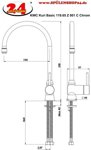 KWC KURI Basic 119.65.Z.001.C Einhebelmischer Chrom mit Festauslauf f�r das Objekt (119.65Z001C)