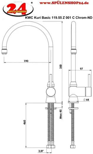 KWC KURI Basic 119.55.Z.001.C Einhebelmischer Chrom mit Festauslauf f�r das Objekt Niederdruck (119.55Z001C)