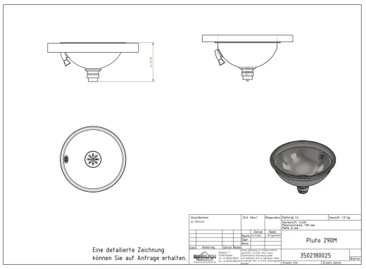 DREILICH Einbau-Waschbecken Pluto 290M-M� Rundbecken Edelstahl matt geb�rstet �berlauf rund (3502180025)