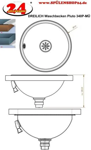 DREILICH Einbau-Waschbecken Pluto 340P-M� Rundbecken Edelstahl poliert �berlauf rund (3502180203)