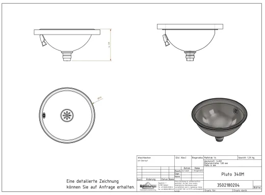 DREILICH Einbau-Waschbecken Pluto 340M-M� Rundbecken Edelstahl matt geb�rstet �berlauf rund (3502180204)