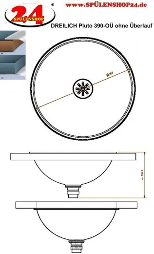 DREILICH Einbau-Waschbecken Pluto 390M-O� Rundbecken Edelstahl matt geb�rstet ohne �berlauf (3502180009)