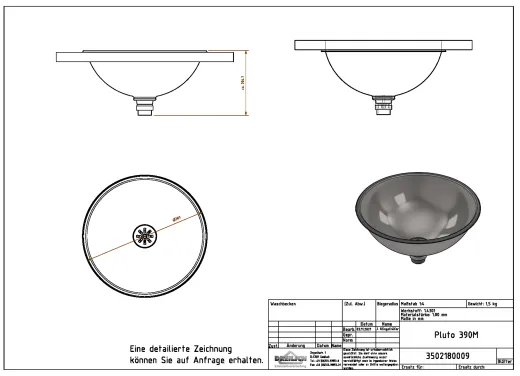 DREILICH Einbau-Waschbecken Pluto 390M-O� Rundbecken Edelstahl matt geb�rstet ohne �berlauf (3502180009)
