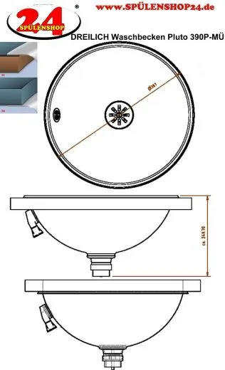 DREILICH Einbau-Waschbecken Pluto 390M-M� Rundbecken Edelstahl matt geb�rstet �berlauf rund (3502180033)