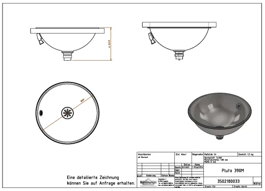 DREILICH Einbau-Waschbecken Pluto 390M-M� Rundbecken Edelstahl matt geb�rstet �berlauf rund (3502180033)