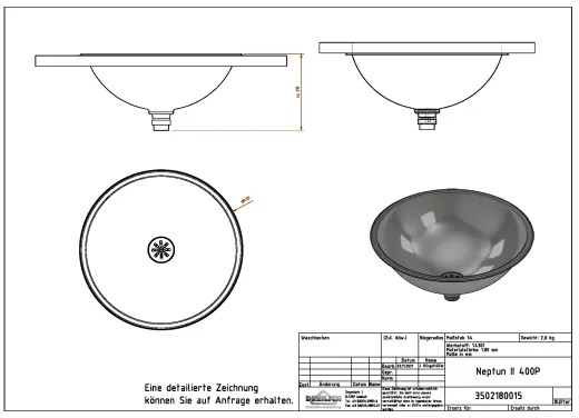 DREILICH Einbau-Waschbecken Neptun II 400IIP-O� Rundbecken Edelstahl poliert ohne �berlauf (3502180015)