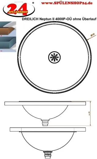 DREILICH Einbau-Waschbecken Neptun II 400IIM-O� Rundbecken Edelstahl matt geb�rstet ohne �berlauf (3502180013)