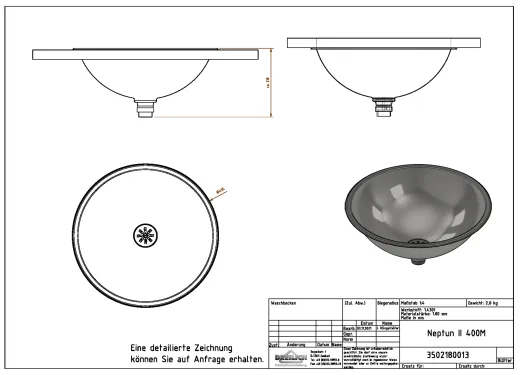 DREILICH Einbau-Waschbecken Neptun II 400IIM-O� Rundbecken Edelstahl matt geb�rstet ohne �berlauf (3502180013)