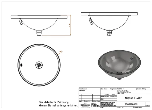 DREILICH Einbau-Waschbecken Neptun II 400IIP-M� Rundbecken Edelstahl poliert �berlauf rund (3502180039)
