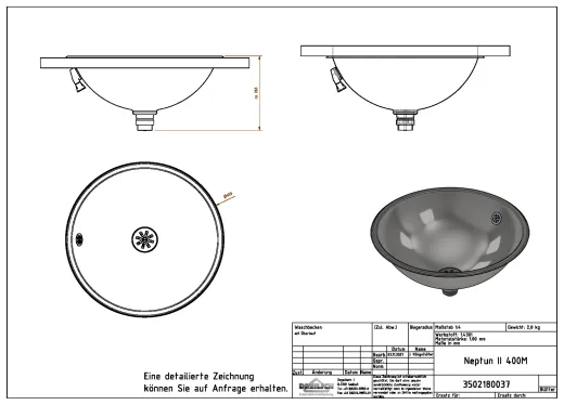 DREILICH Einbau-Waschbecken Neptun II 400IIM-M� Rundbecken Edelstahl matt geb�rstet �berlauf rund (3502180037)