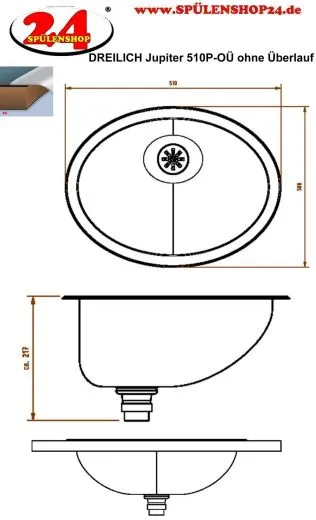 DREILICH Einbau-Waschbecken Jupiter 510P-O� ovales Becken Edelstahl poliert ohne �berlauf (3502180019)