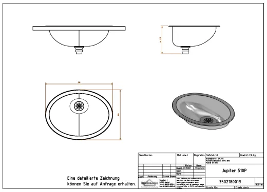 DREILICH Einbau-Waschbecken Jupiter 510P-O� ovales Becken Edelstahl poliert ohne �berlauf (3502180019)