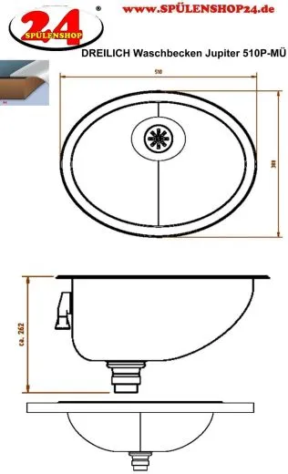 DREILICH Einbau-Waschbecken Jupiter 510P-M� ovales Becken Edelstahl poliert �berlauf rund (3502180206)