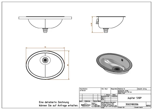 DREILICH Einbau-Waschbecken Jupiter 510P-M� ovales Becken Edelstahl poliert �berlauf rund (3502180206)