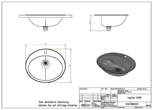 DREILICH Einbau-Waschbecken Jupiter 530P-O� ovales Becken Edelstahl poliert ohne �berlauf mit Hahnlochbank (3502180023)