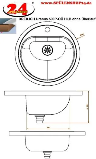 DREILICH Einbau-Waschbecken Uranus 500P-O� rundes Becken Edelstahl poliert ohne �berlauf mit Hahnlochbank (3502180049)