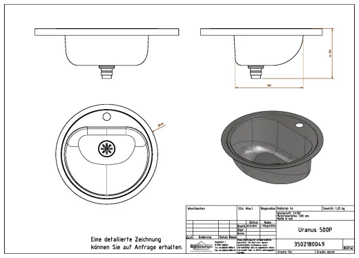 DREILICH Einbau-Waschbecken Uranus 500P-O� rundes Becken Edelstahl poliert ohne �berlauf mit Hahnlochbank (3502180049)