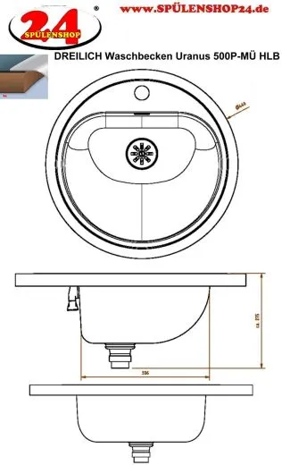 DREILICH Einbau-Waschbecken Uranus 500P-M� rundes Becken Edelstahl poliert �berlauf rund mit Hahnlochbank (3502180207)