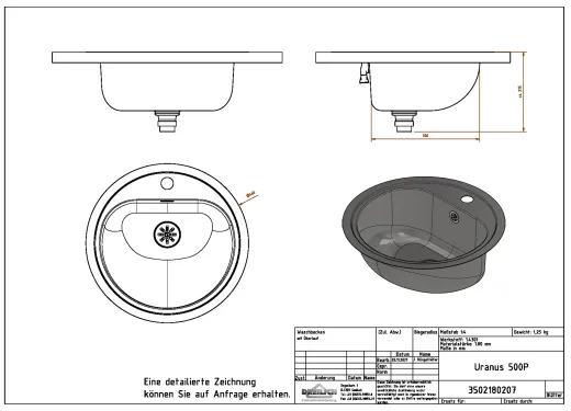 DREILICH Einbau-Waschbecken Uranus 500P-M� rundes Becken Edelstahl poliert �berlauf rund mit Hahnlochbank (3502180207)