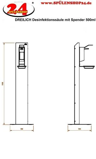 DREILICH Desinfektions�ule Serie: SD - Simple Design Edelstahl freistehend mit Spender 190-205EL 500 ml (3002140044)