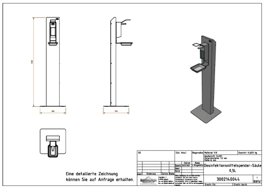 DREILICH Desinfektions�ule Serie: SD - Simple Design Edelstahl freistehend mit Spender 190-205EL 500 ml (3002140044)